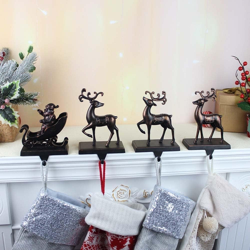 Christmas Stocking Holder, Christmas Reindeer and Sleigh Stocking Holders Christmas Hook Christmas Stocking Hanger for Mantel Fireplace Household Table Party Festival Decoration,Set of 4,Black