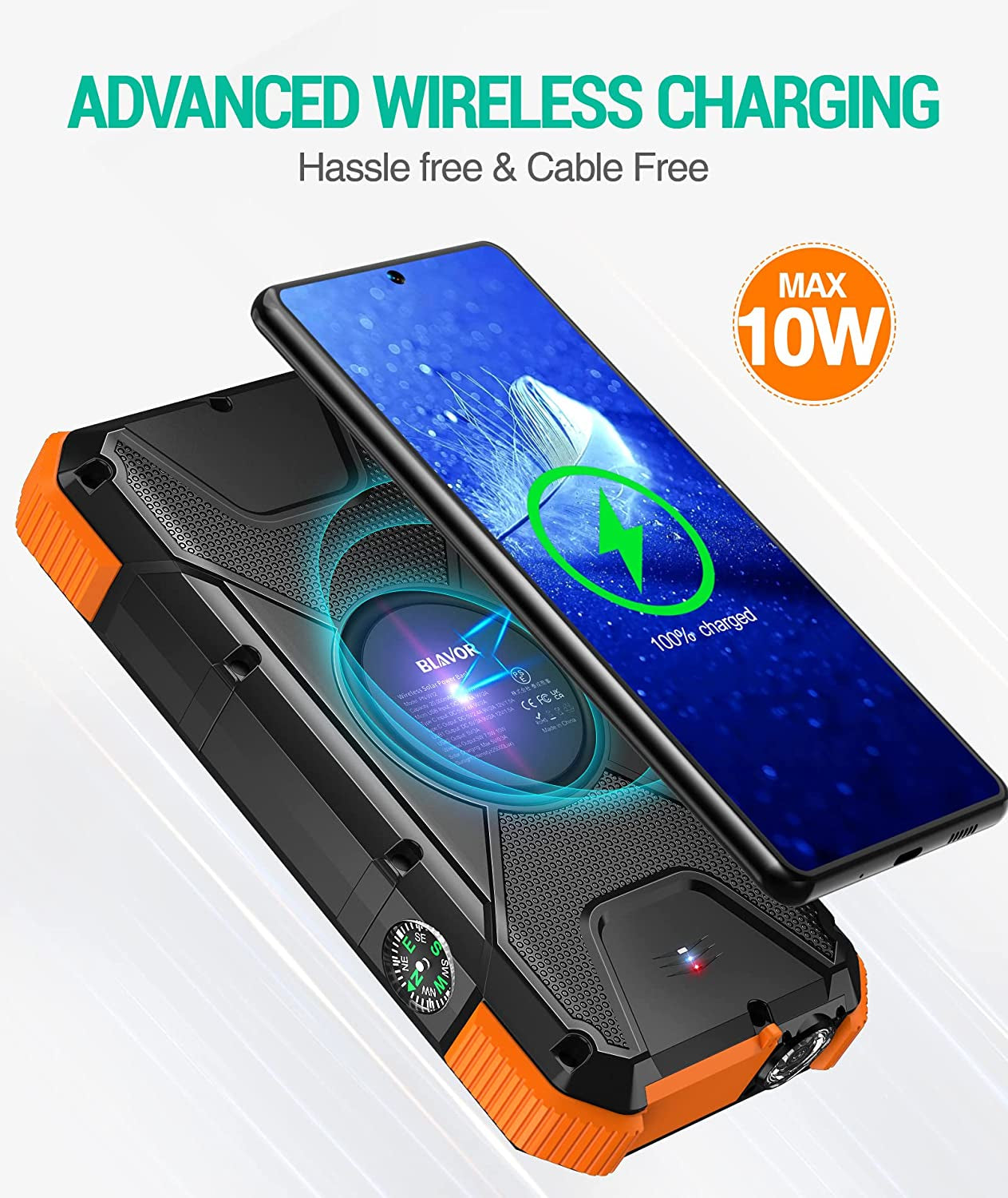 Solar Power Bank, PD18W QC3.0 Fast Charging 10W Wireless Charger 20000Mah Solar Powered Powerbank with Type C Input/Output, IPX5 Waterproof, Camping Flashlight, Compass, Carabiner