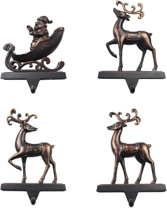 Christmas Stocking Holder, Christmas Reindeer and Sleigh Stocking Holders Christmas Hook Christmas Stocking Hanger for Mantel Fireplace Household Table Party Festival Decoration,Set of 4,Black